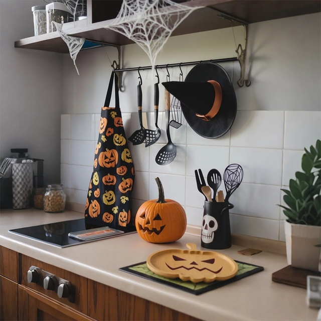 halloween wooden pumpkin shaped tray in the kitchen