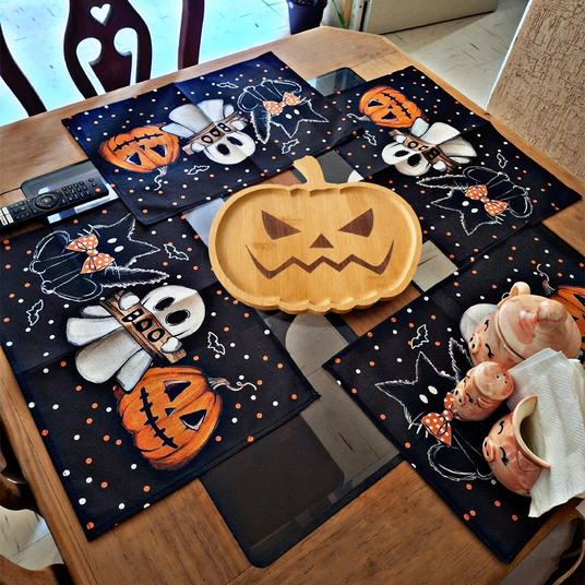 halloween wooden pumpkin shaped tray on dining table