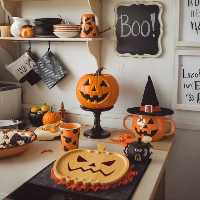 halloween wooden pumpkin shaped tray on the table