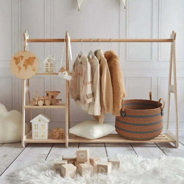 handwoven banana rope storage basket in bedroom