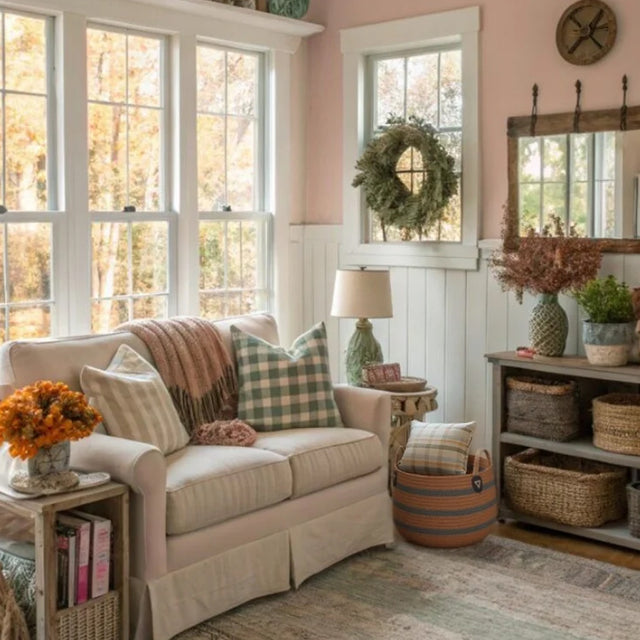 handwoven banana rope storage basket near the sofa