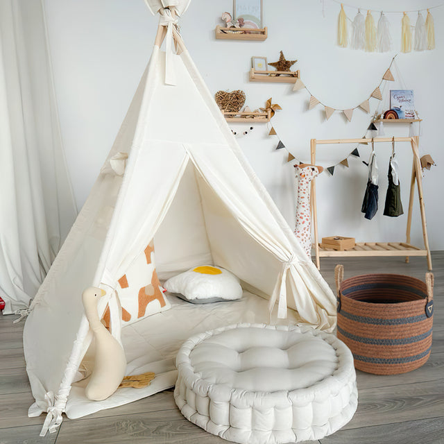 handwoven banana rope storage basket near the tent