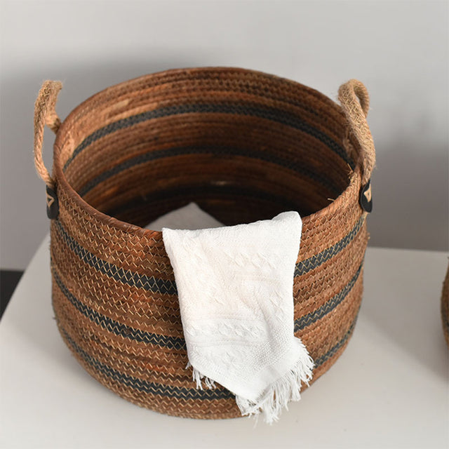 handwoven banana rope storage basket on the desk