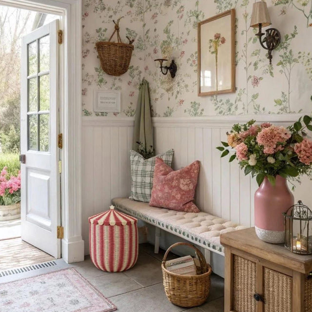 handwoven paper rope storage basket with lid at the door