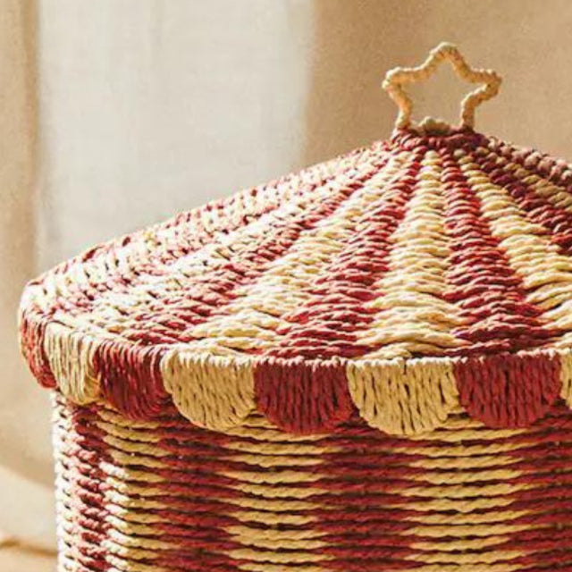 handwoven paper rope storage basket with lid details