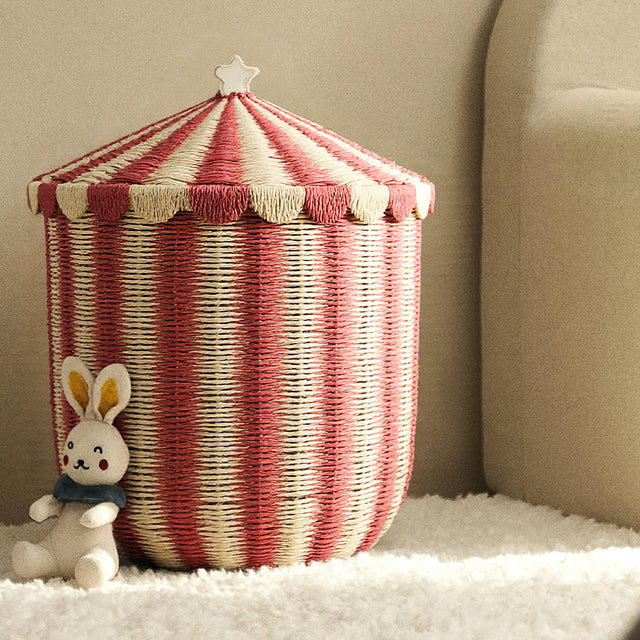 handwoven paper rope storage basket with lid details