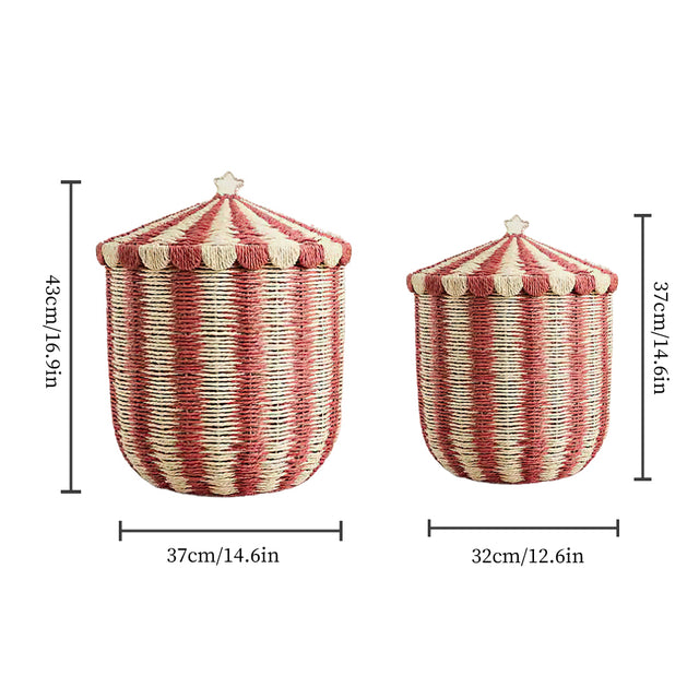 handwoven paper rope storage basket with lid size chart