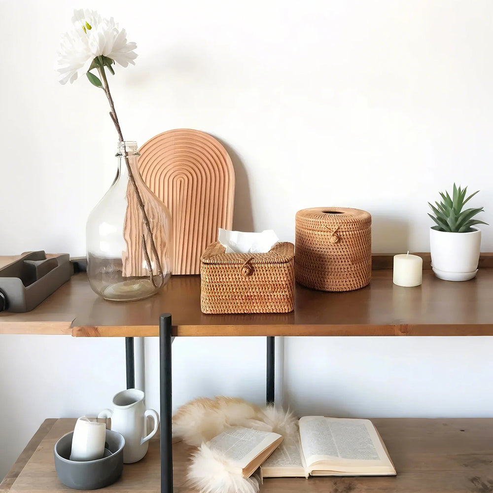 handwoven rattan natural brown tissue box on a table