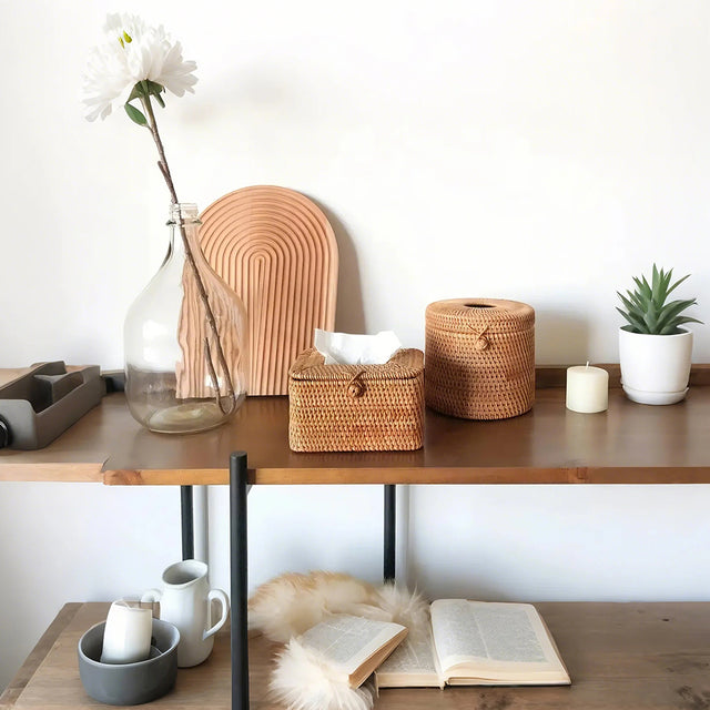 handwoven rattan natural brown tissue box on a table