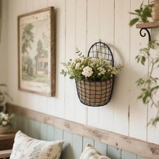 hanging basket wall mounted planter above the sofa