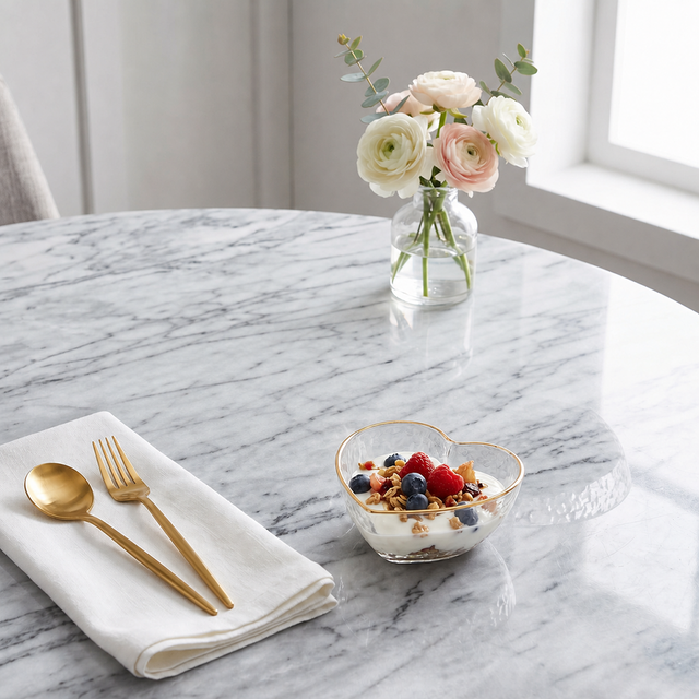 heart shaped glass bowl with yogurt on marble table