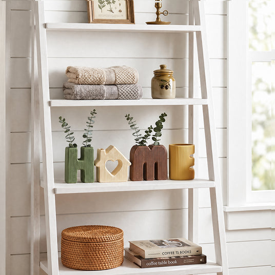 home decor letter vases on white ladder shelf