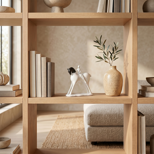horse and rider sculpture on light wood shelf with olive branch