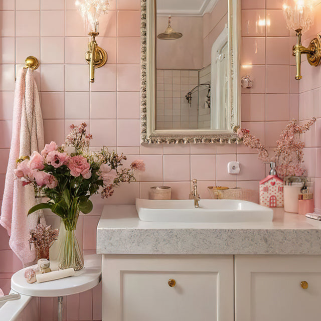 house-shaped pink ceramic soap dispenser near the sink