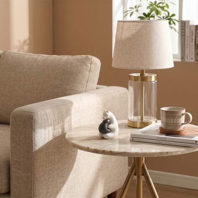 hugging bear figurine on marble side table