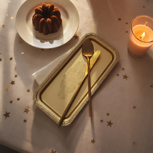 indian brass embossed serving tray with fox and spoon