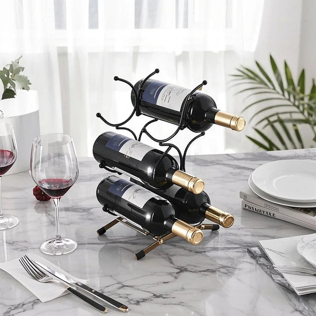 iron bronze irregular wine rack for six bottles on the dining table