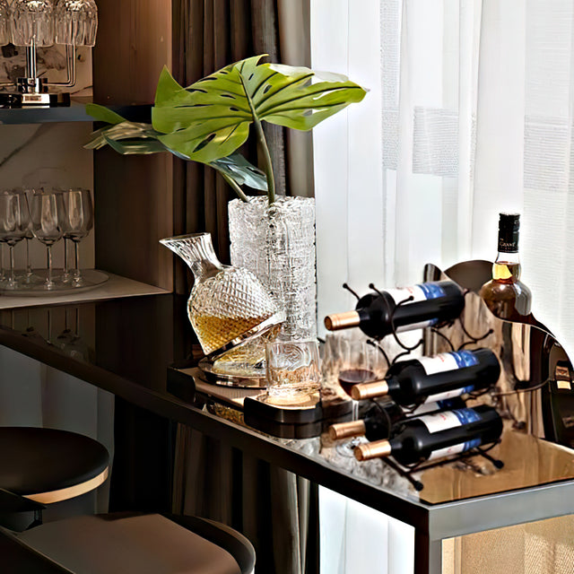 iron bronze irregular wine rack for six bottles on the leisure table