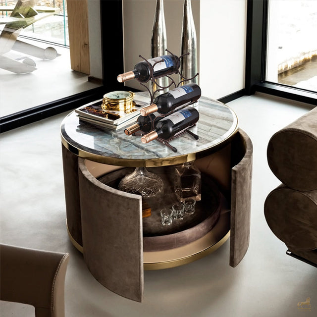 iron bronze irregular wine rack for six bottles on the side table