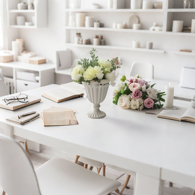 iron vase filled with flowers on the table