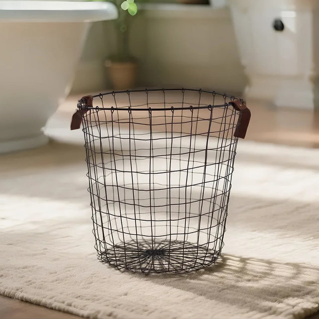 iron wire black laundry storage basket with leather handles
