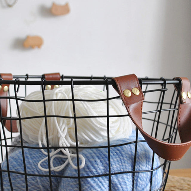 iron wire black laundry storage basket with leather handles details