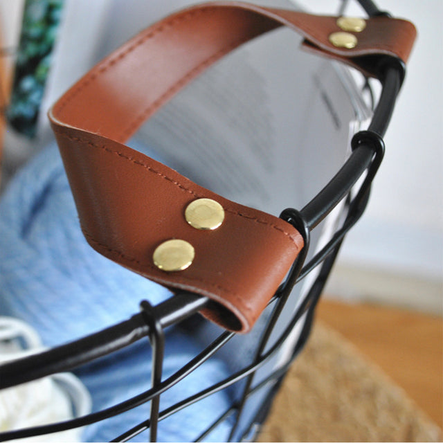 iron wire black laundry storage basket with leather handles details