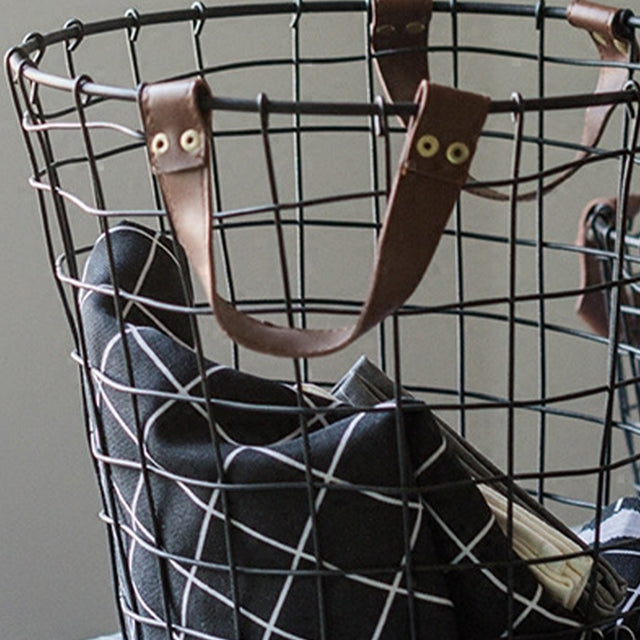 iron wire black laundry storage basket with leather handles details
