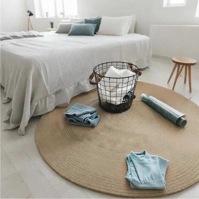 iron wire black laundry storage basket with leather handles in the bedroom