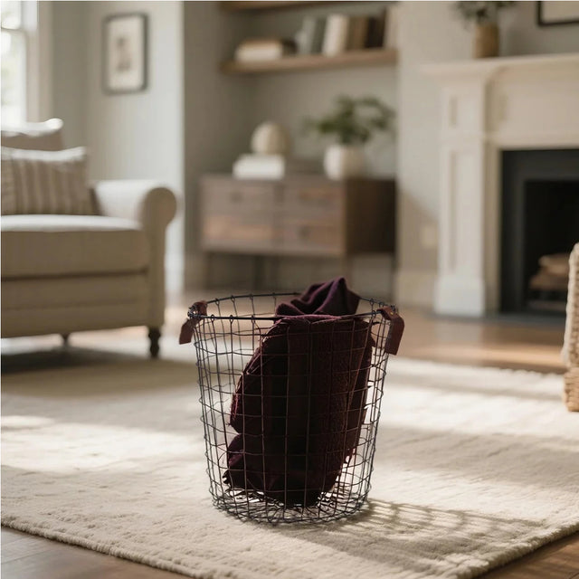 iron wire black laundry storage basket with leather handles on the floor