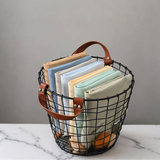 iron wire black laundry storage basket with leather handles store fabric