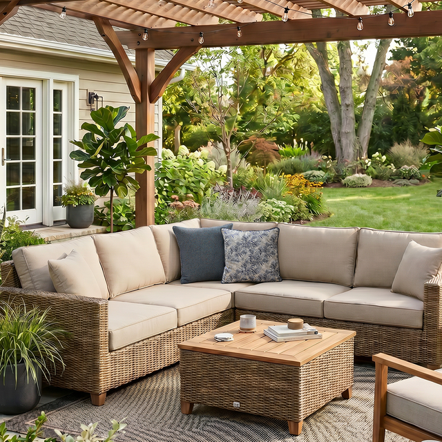 jacquard pillows on outdoor patio sectional sofa
