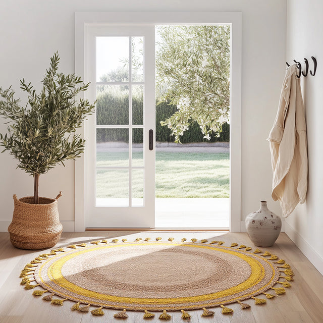 jute area rug in the entry