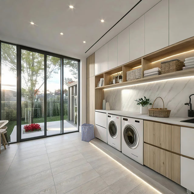 large foldable laundry basket with easy carry handles in the laundry room