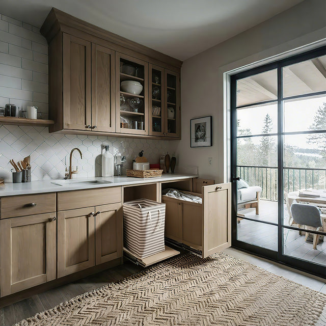 large gray foldable laundry basket with easy carry handles in the kitchen