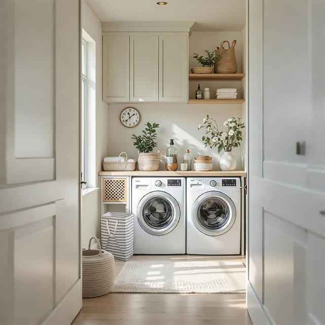 large gray foldable laundry basket with easy carry handles in the laundry room