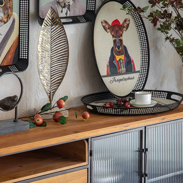 large vintage black serving tray with handles details