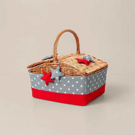 large wicker woven picnic basket with lid and handle