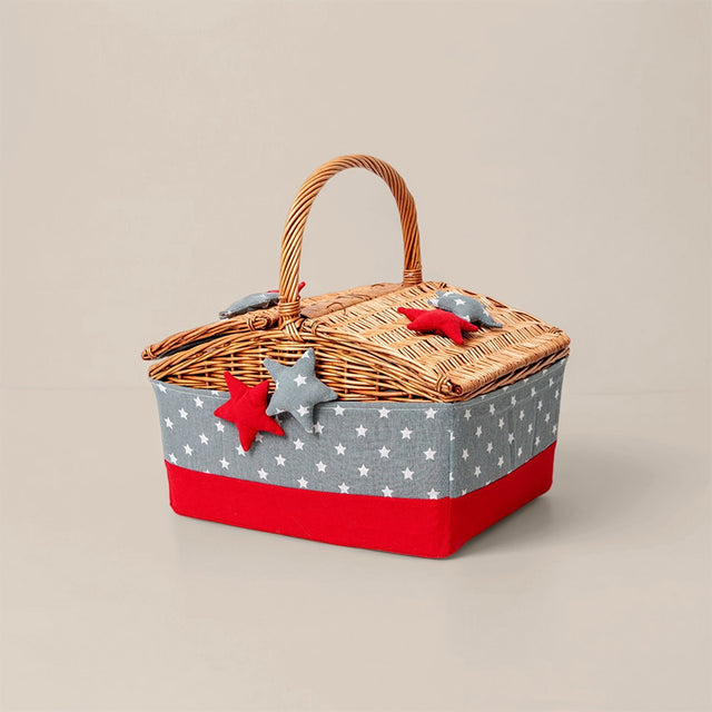 large wicker woven picnic basket with lid and handle