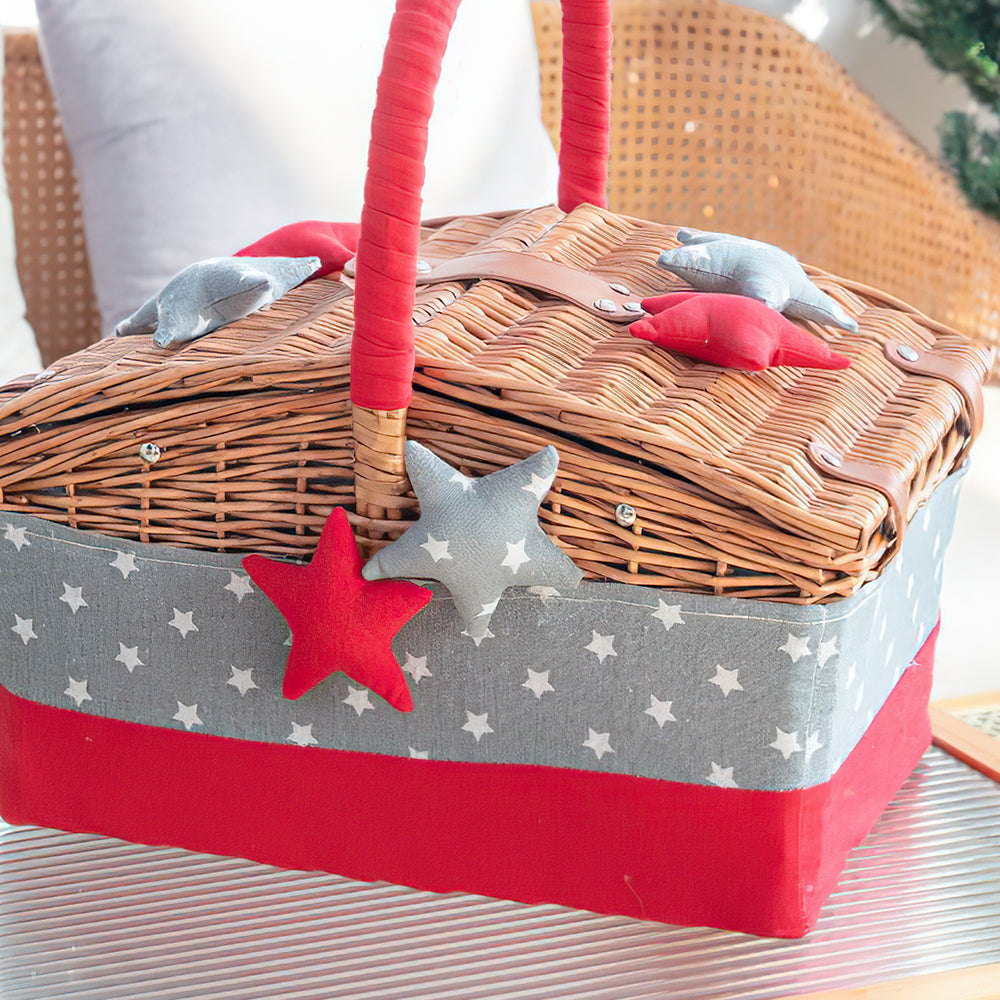 large wicker woven picnic basket with lid and handle details