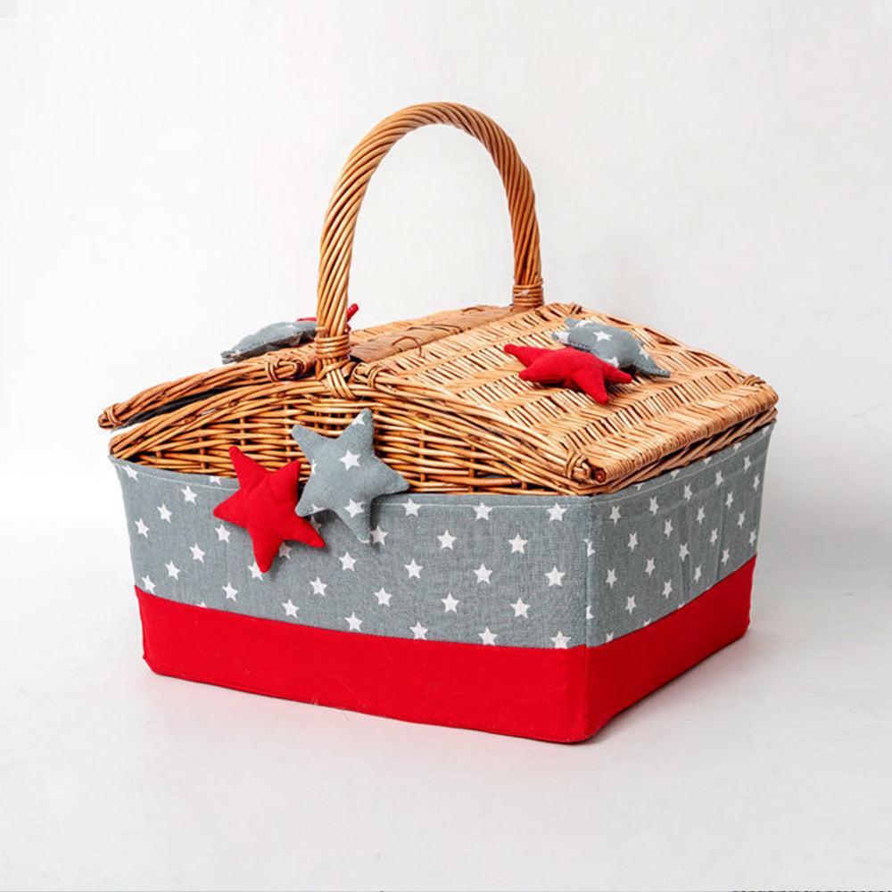 large wicker woven picnic basket with lid and handle details