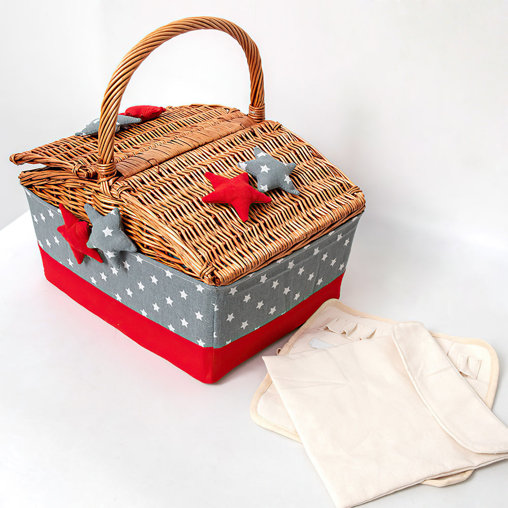 large wicker woven picnic basket with lid and handle details