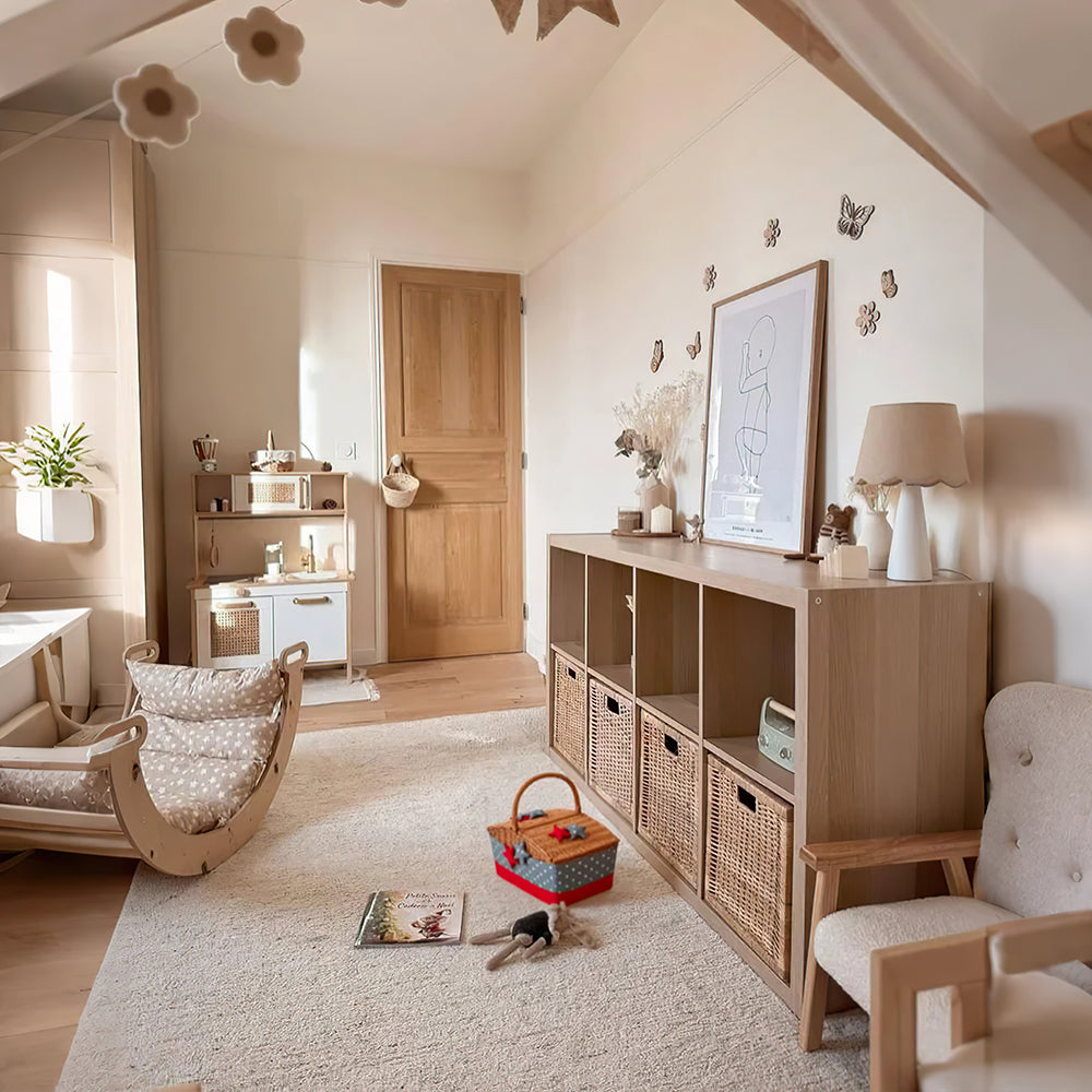 large wicker woven picnic basket with lid and handle in the living room