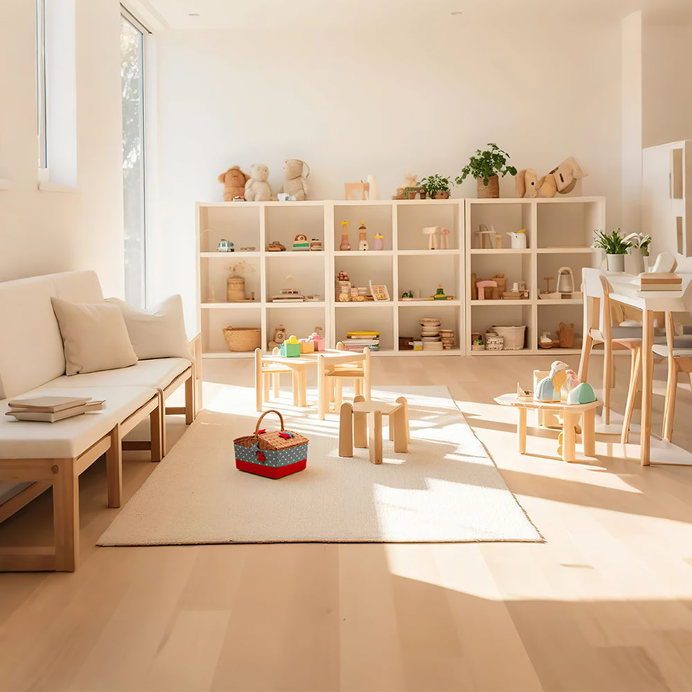 large wicker woven picnic basket with lid and handle on the floor