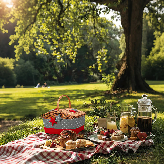large wicker woven picnic basket with lid and handle on the grass