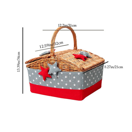 large wicker woven picnic basket with lid and handle size chart