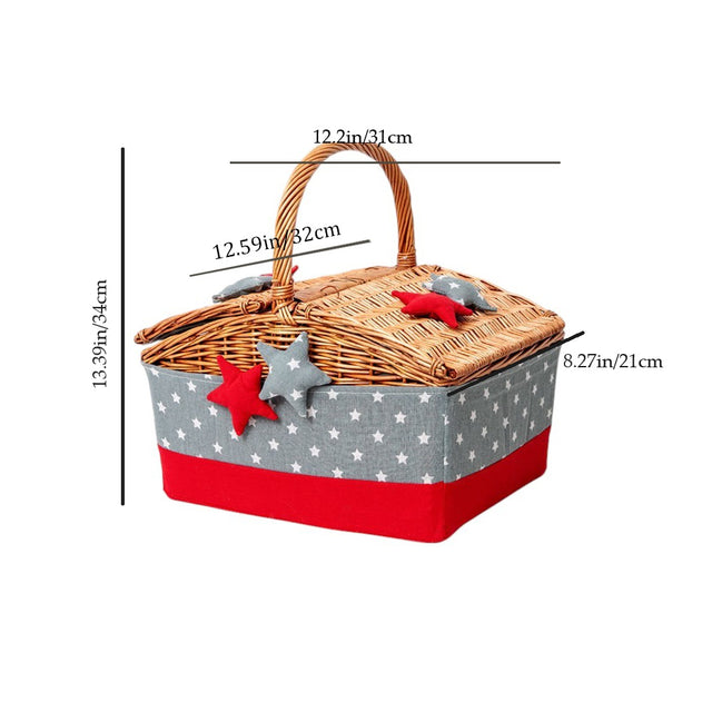 large wicker woven picnic basket with lid and handle size chart