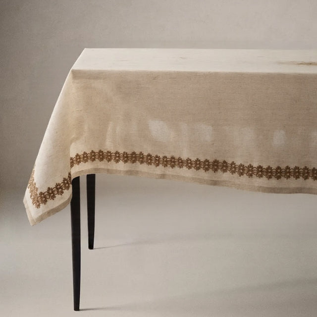linen plain khaki tablecloth with lace trimming
