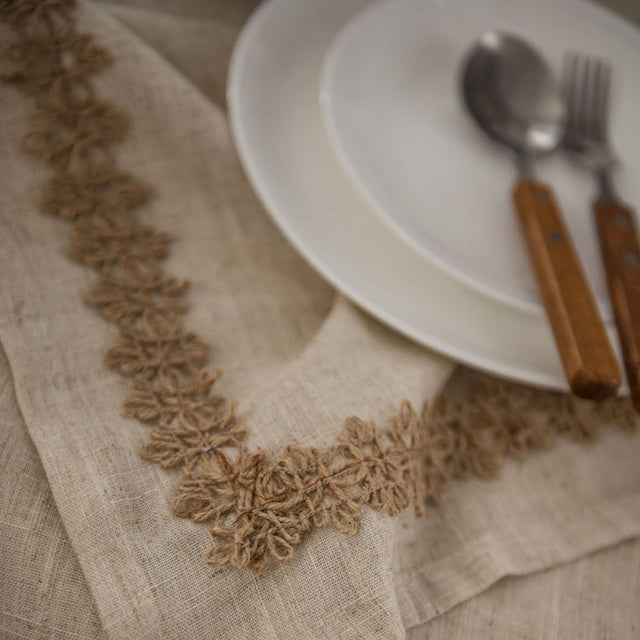 linen plain khaki tablecloth with lace trimming details