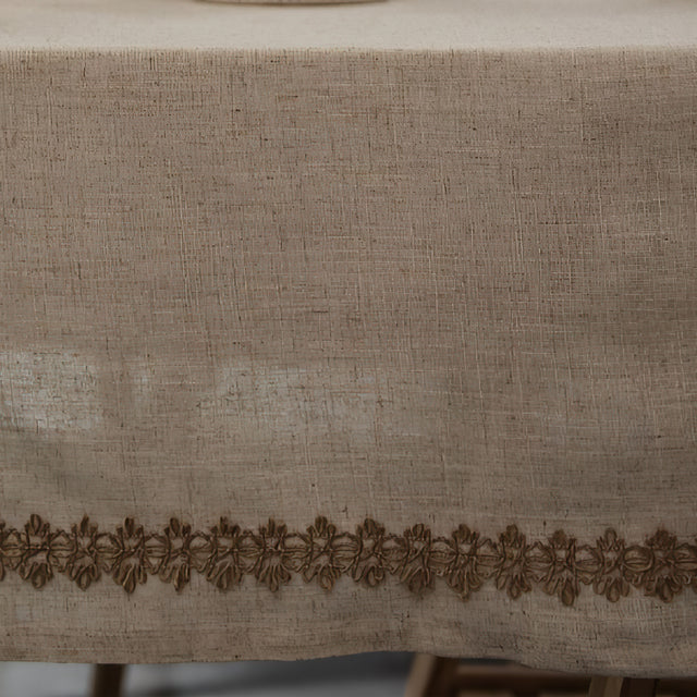 linen plain khaki tablecloth with lace trimming details